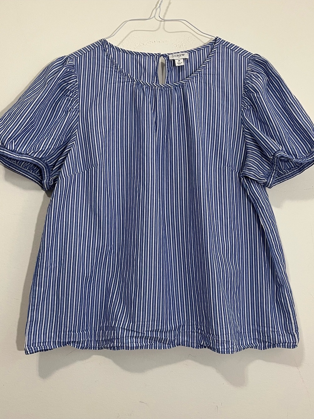 J. Crew Womens Blue White Striped Puffy Short Sleeve Blouse Top Cotton Size M